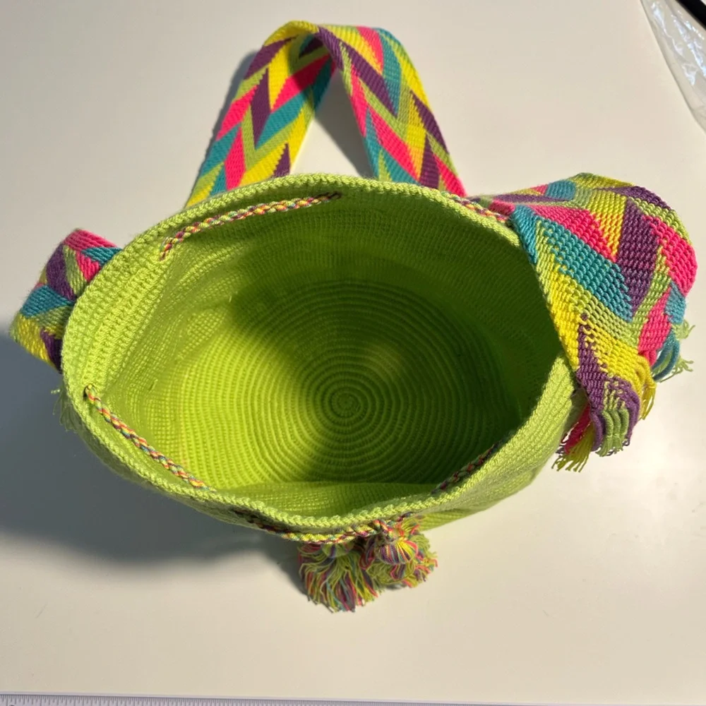 Colombian Wayuu Vibrant Multicolor Bright Green Woven Mochila Crochet Bucket Bag